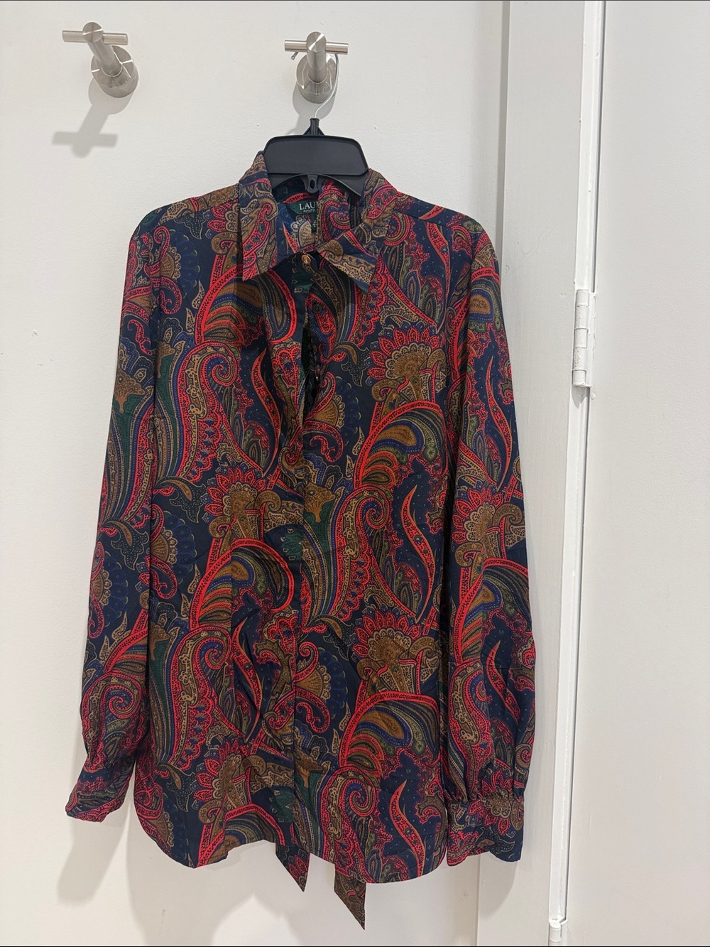 Lauren Ralph Lauren Navy Paisley Button-Front Blouse with Red & Gold Accents